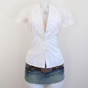 white ruffle button up blouse puff sleeve coquette top